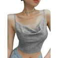thumbnail image 1 of Txlixc Blusa de verano para mujeres, correas de espaguetis brillantes, negras cuello V de corte bajo para niñas Txlixc moda, 1 of 6