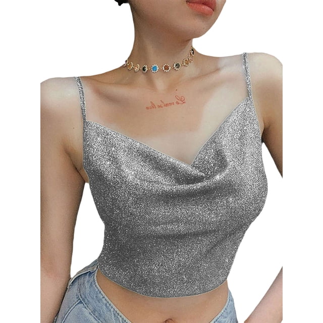 Txlixc Blusa de verano para mujeres, correas de espaguetis brillantes, negras cuello V de corte bajo para niñas Txlixc moda