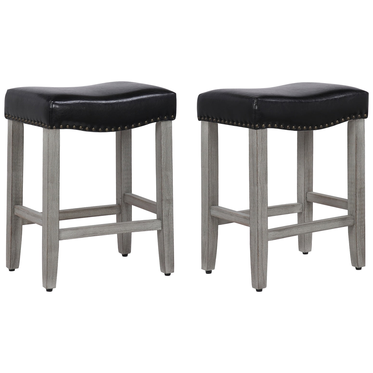 24" Inch Upholstered Saddle Seat Bar Stool (Set of 2), Antique Gray/Leather