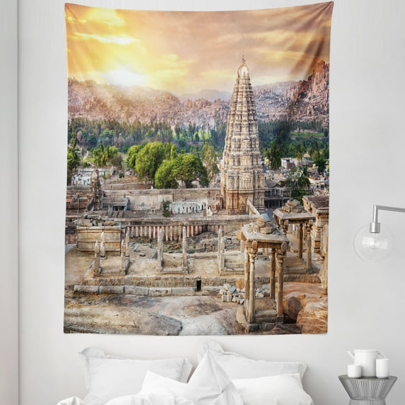 East Tapestry, Viruphaksha Building View up from the Hills Sunset Above City Buildings Rock Tower, Fabric Wall Hanging Decor for Bedroom Living Room Dorm, 5 Sizes, Orange Cream, by Ambesonne