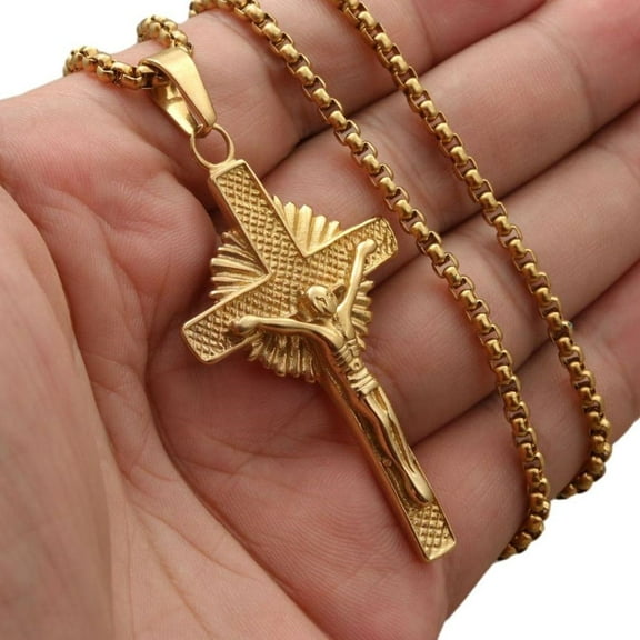 Jesus Cross Pendant Necklace Gold Chain 14K Yellow Gold Hollow Religious Cross Pendants & Necklaces for Men Jewelry