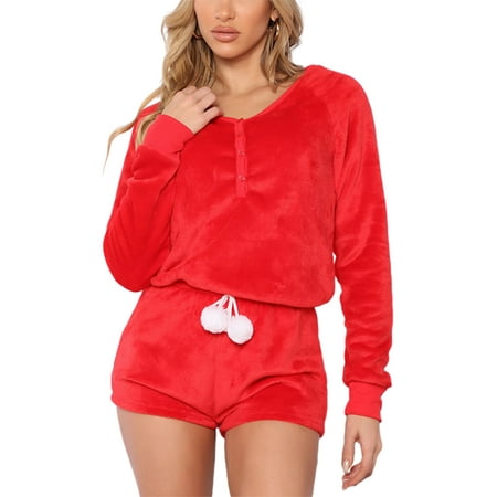 

Women Romper Fleece Onesie Pajama One Piece Button V Neck Drawstring Short Jumpsuit Sleepwear Playsuit