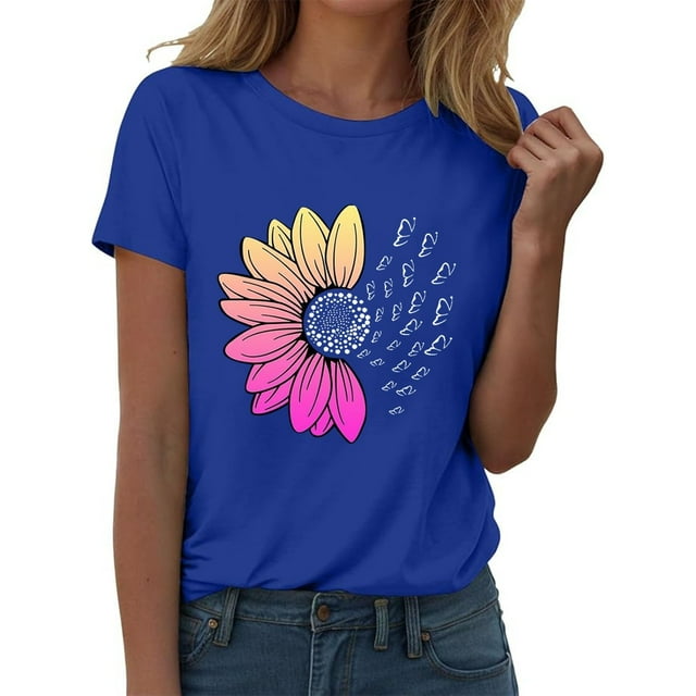 WEIYLL T-Shirts pour Femmes à Manches Courtes Imprimé Floral Polyvalent Bleu Tailles TG
