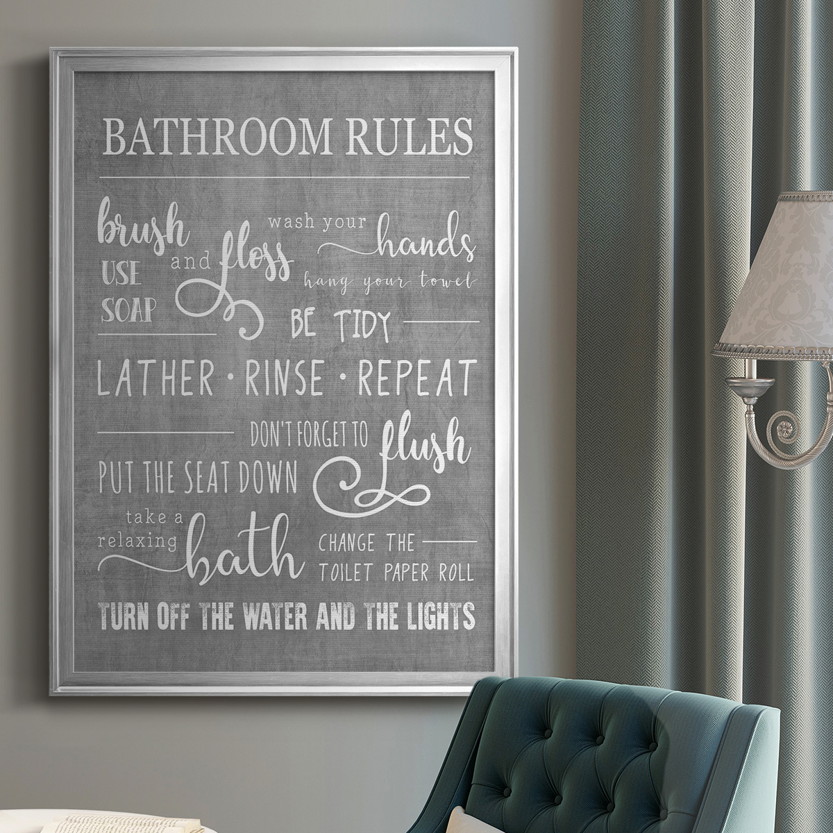 Neutral Bathroom Rules Premium Framed Print - Ready to Hang