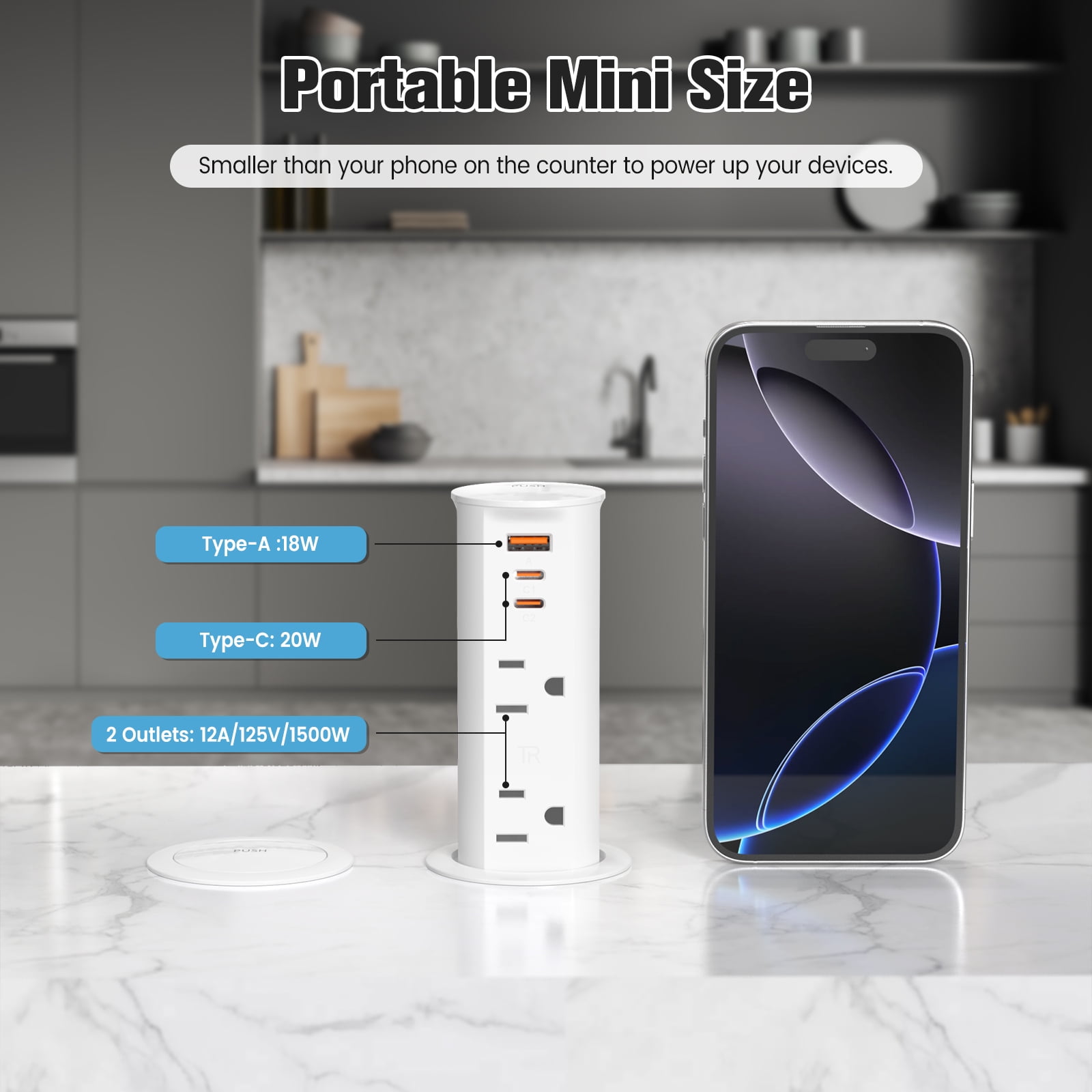 VILONG Pop up Outlet for Countertop with 20W USB-C Fast Charging Station, Recessed Power Strip– for Kitchen Island,Office Desk, ETL Listed (White)