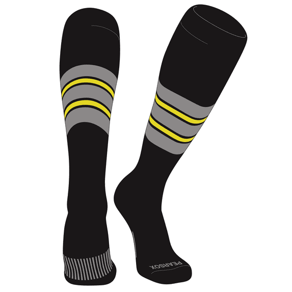 PEAR SOX Striped OTC Baseball, Softball, Football Socks (E) Black, Silver, Bright Yellow (XL)