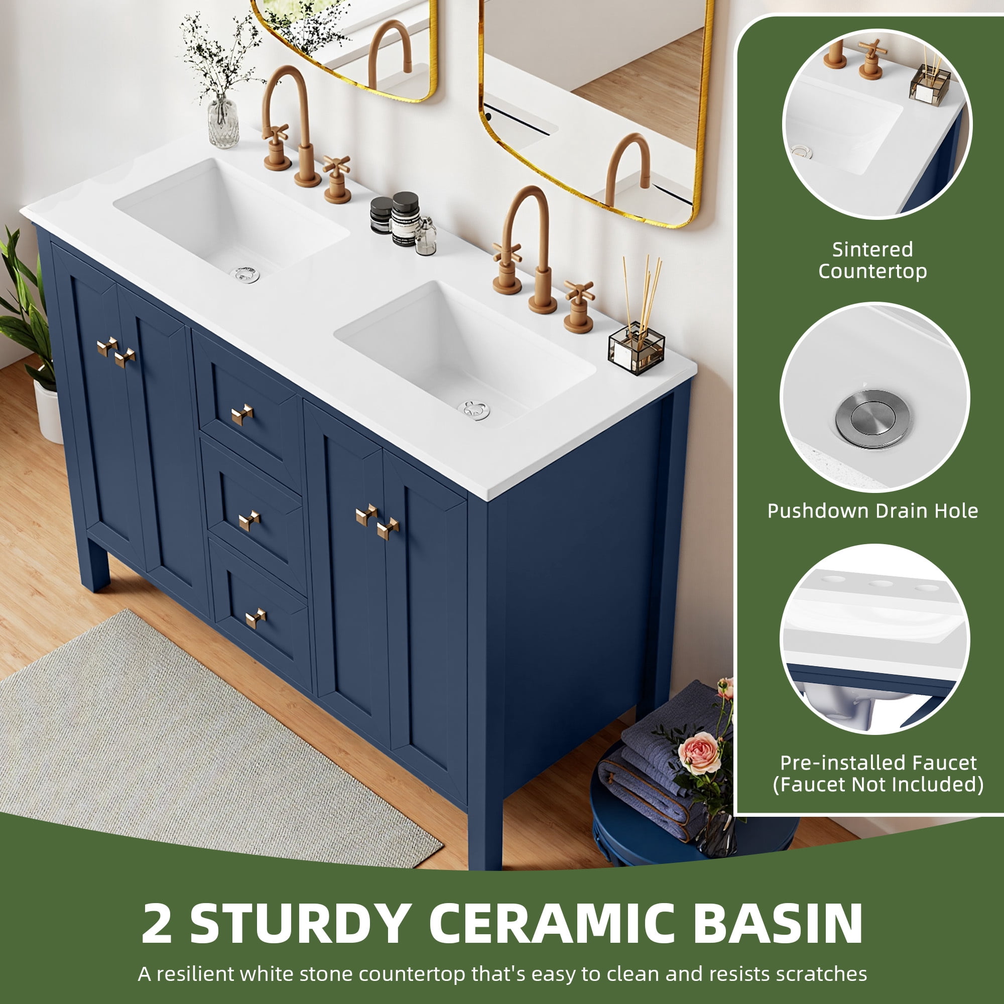 Uforic 47 Inch Bathroom Vanity with Double Sink, Retro Style, Sintered Stone Countertop, 4 Doors & 3 Drawers, 6 Pre-drilled Faucet Holes, Blue