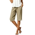 thumbnail image 5 of Bermuda Shorts for Women Petite Cotton Linen Knee Length High Waisted Pull On Baggy Shorts with Pockets Summer Casual Lounge Side Split Pants Khaki L, 5 of 5