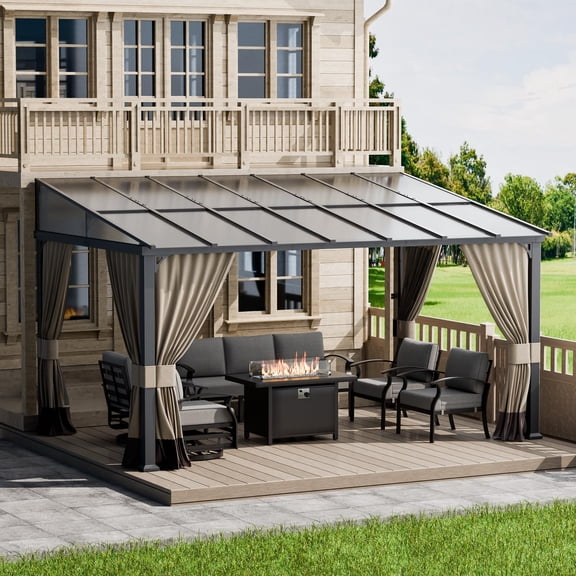 ALAULM 10' x 14' Gazebo，Hard Top Lean to Gazebo Wall Mount Heavy Hardtop Gazebo Outdoor Pergola with Curtains and Netting for Patio Garden Lawn Backyard Deck (Sand)