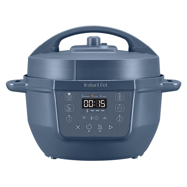 Blue Instant Pot 4-quart RIO Chef Mini multi-cooker showing digital timer and function buttons for pressure cooking, slow cooking, rice cooking, sautéing, and warming.