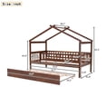 thumbnail image 7 of House Bed with Trundle, Solid Wood Twin Size Platform Bed with Roof and Safety Guardrails, Low Montessori Bed, Playhouse Bed Tent Bed for Boys Girls Children Bedroom, No Box Spring Needed, Walnut, 7 of 7