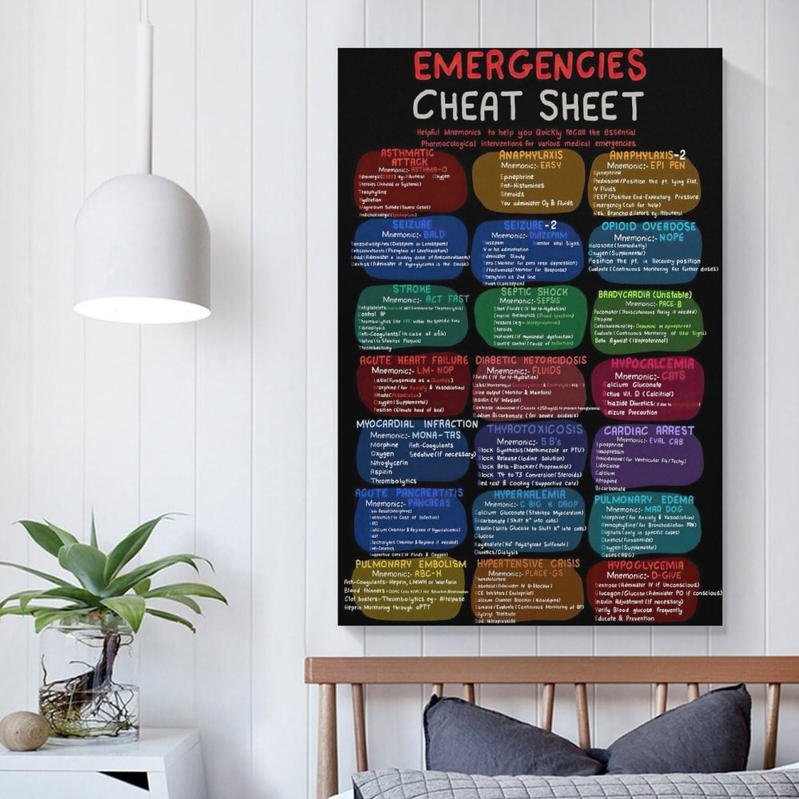 Emergencies Cheat Sheet Poster First Aid Medical Mnemonics Nursing School Essential Canvas Wall Art Aesthetic Decorative Painting Living Room