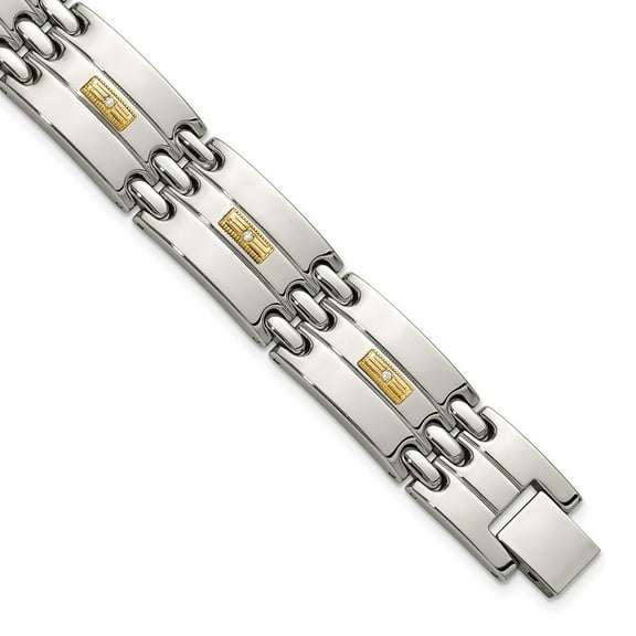 Auriga Fine Jewelry Stainless Steel Polished with 14K Gold Accent and 1/15ct. Diamond 8.5 inch Link Men's Bracelet
