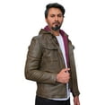 thumbnail image 2 of Men’s Long Sleeved Casual Button Leather Jacket With Removable Leather Hoodie Cap (Olive Green), 2 of 15