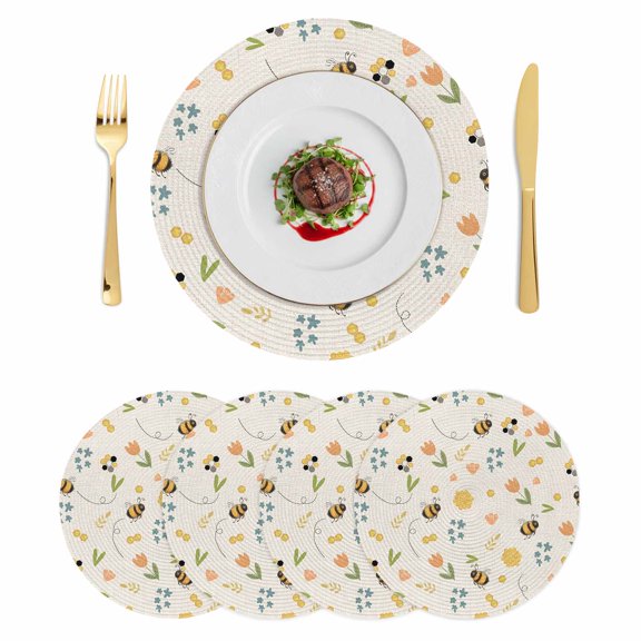 Flowers Bees Round 13 Inch Placemats Set of 4, Farmhouse Spring Botanical Flowers Leaves HeatResistant Non Slip Place Mats for Dining Table, Wipeable Braided Kitchen Table Mats for Housewarming