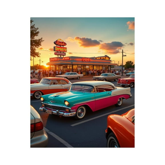 Paint by Numbers Kit for Adults, Vintage Cars At Sunset Diner Paint by Numbers, Easy Paint by Numbers Kit for Adults Beginner, DIY Adult Paint by Number Kits on Canvas, Home Decor