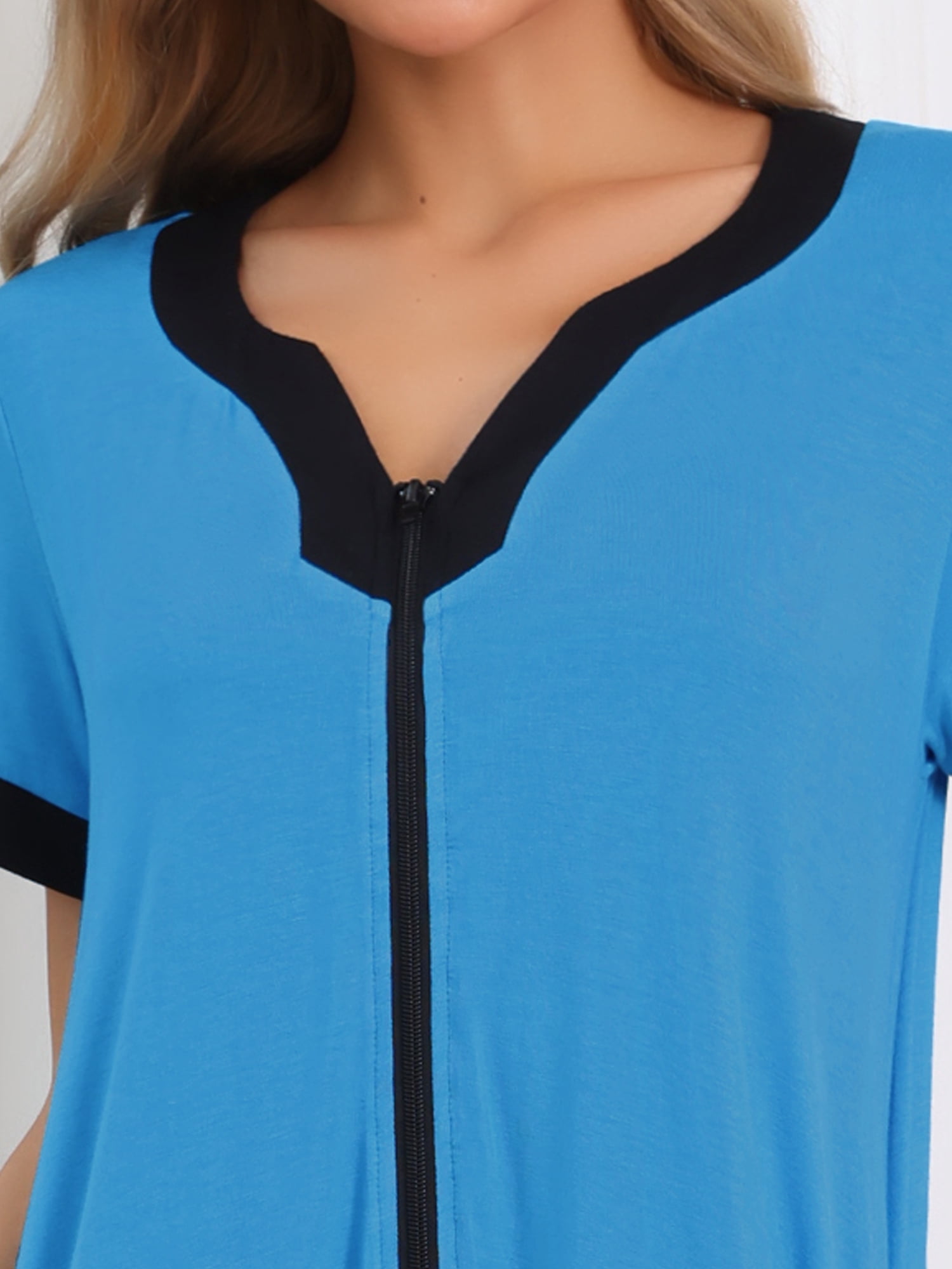DARING DIVA Women's Zipper Front Short Sleeves Zip Up Sleepwear with Pockets S Sky Blue