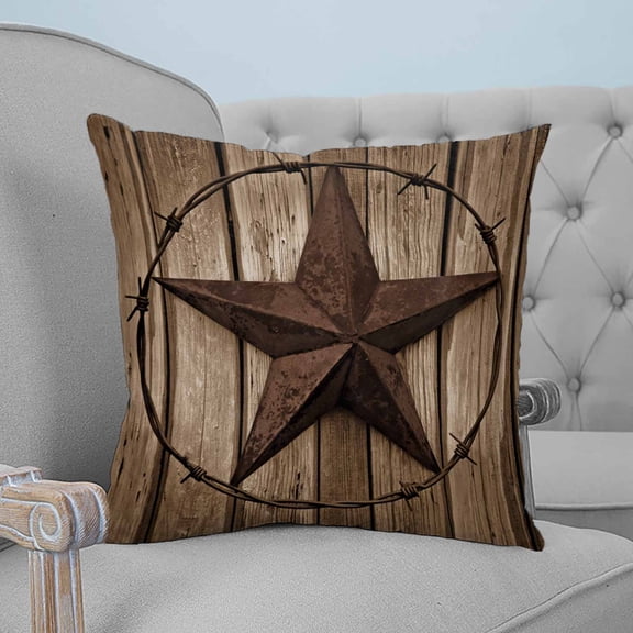 Western Star Retro Throw Pillow Covers, Soft Pillowcases with Invisible Zipper, Brown Vintage Wood Grain Decorative Square Pillow Cushion Covers for Living Room Couch Sofa Bed 26x26 Inches