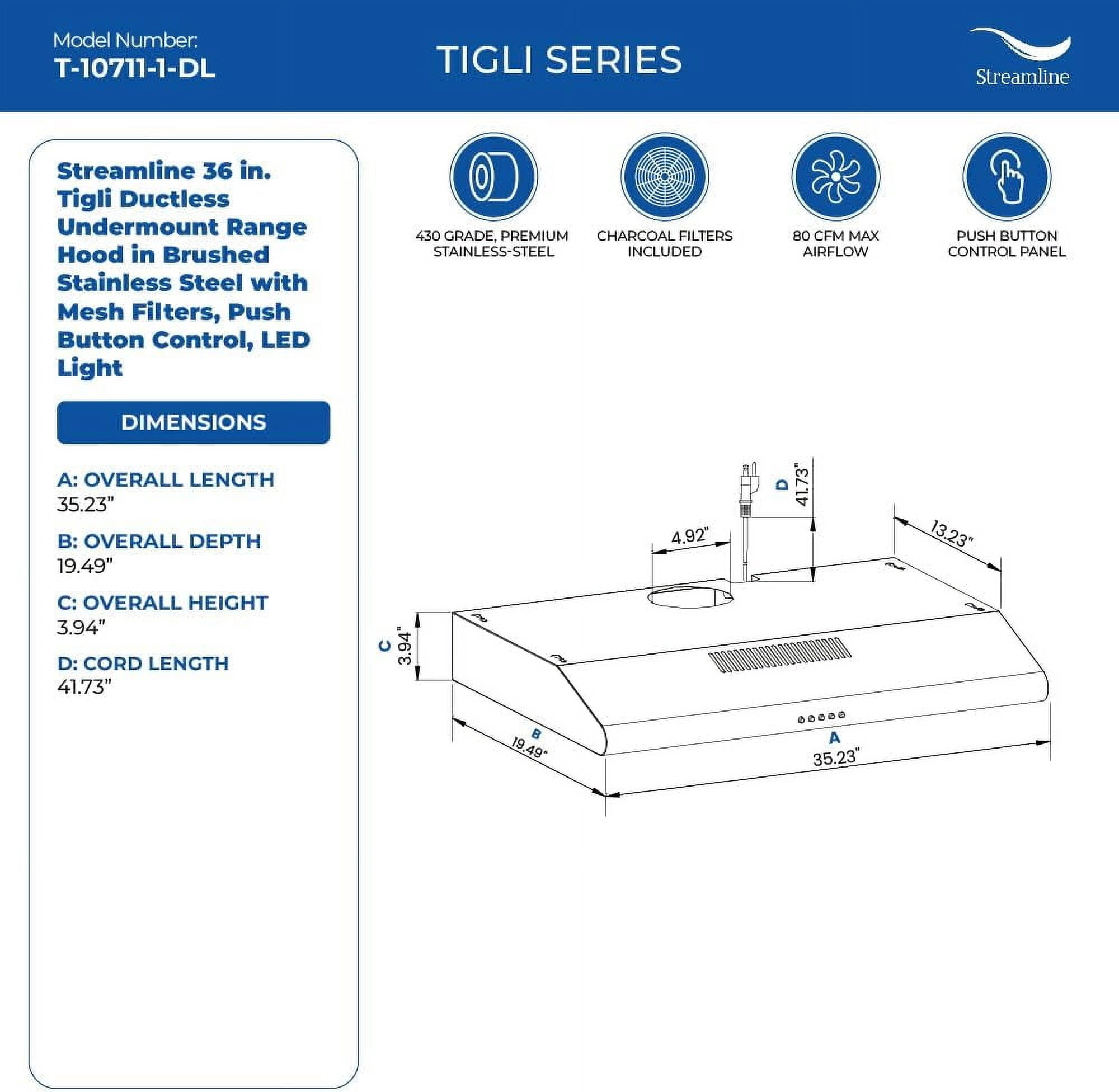 Streamline 36 in. Tigli Ductless Undermount 80 CFM Range Hood in Brushed Stainless Steel with Mesh Filters, Push Button Control, LED Light