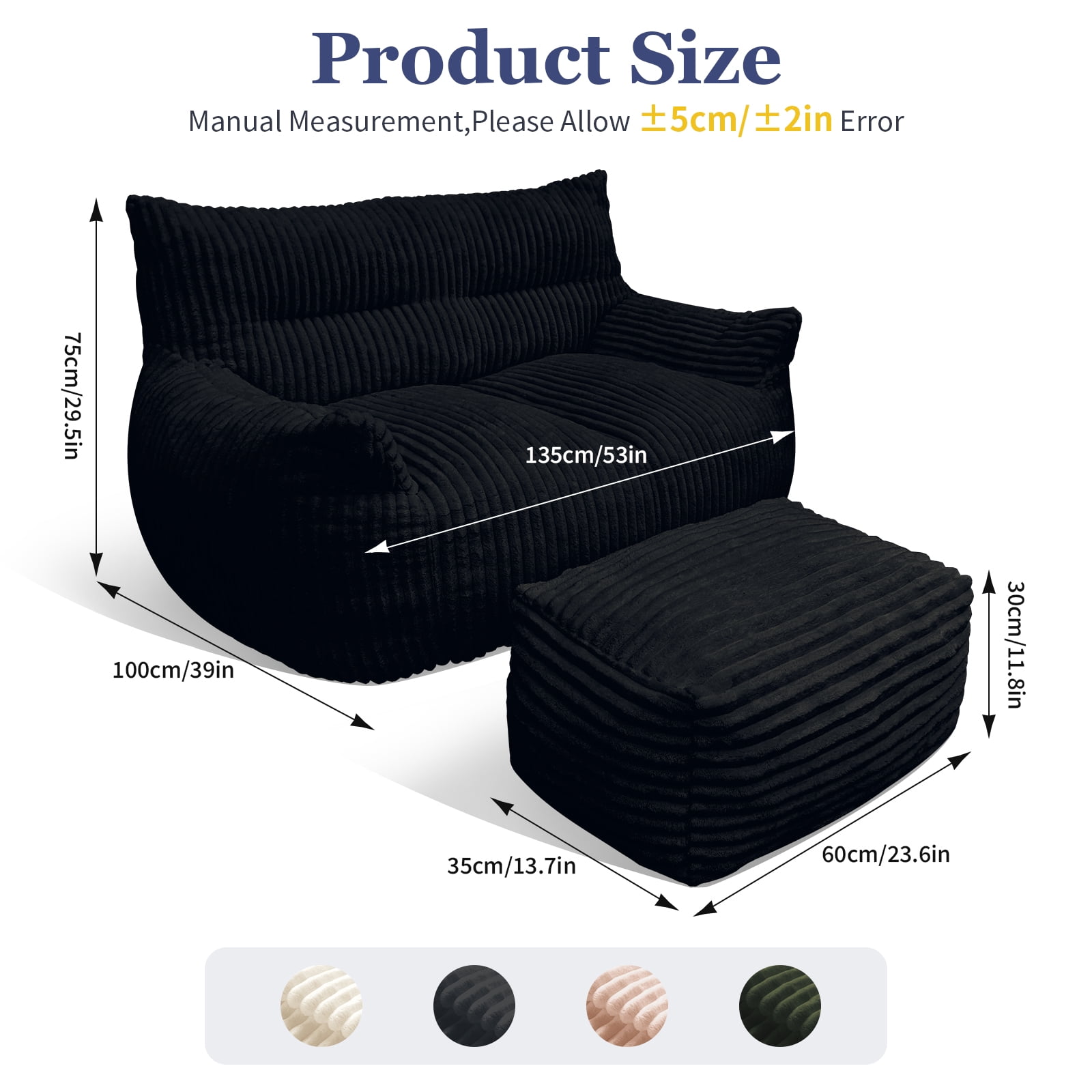 MOONMISS Corduroy Double Bean Bag Sofa with Ottoman 2-Seater Cloud Soft for Living Room Bedroom,Black