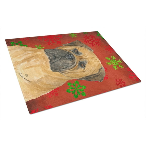 Caroline's Treasures SS4724LCB Bullmastiff Red and Green Snowflakes Holiday Christmas Glass Cutting Board Large, 12H x