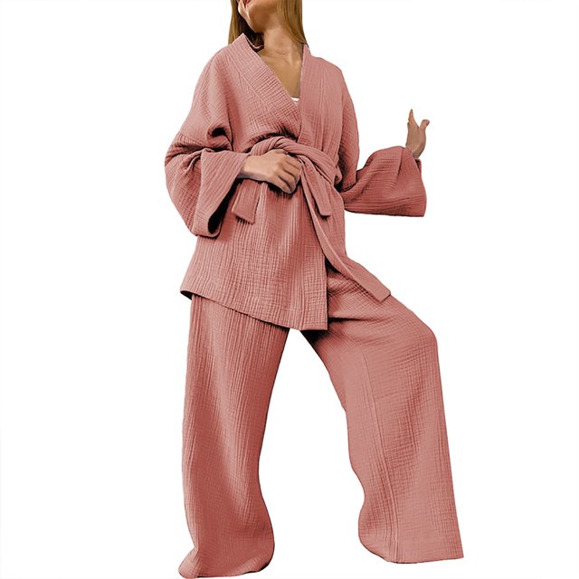Heiheiup Dresses For Women 2024 Ladies' Spring And Autumn Solid Color Fashion Long Sleeve Slacks Crepe Ladies' Solid Color Nightgown Home Clothes
