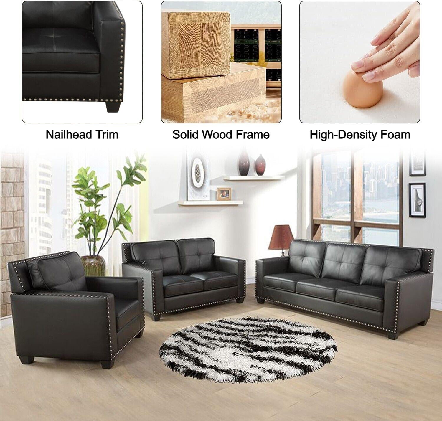 Gewnee 57" Faux Leather Upholstered Loveseats with Nailhead Trim for Living Room,Black