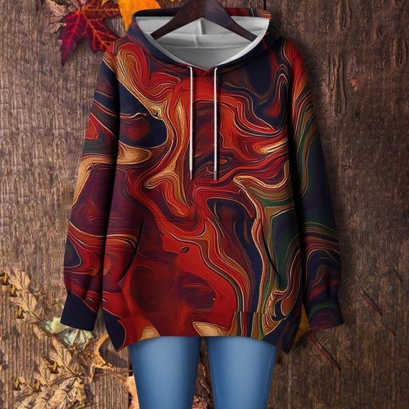Fall Sweatshirts for Women Hooded Pocket Long Sleeved Print Loose Off Shoulder Sweatshirt S-5XL Red XXL
