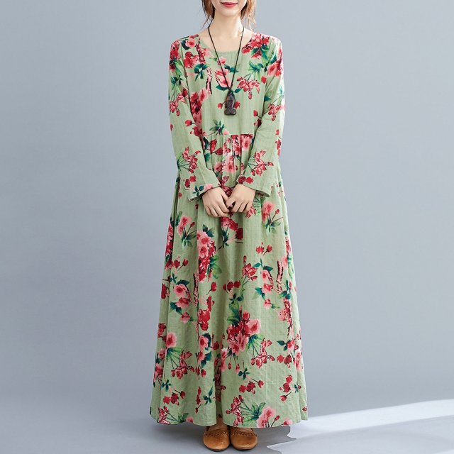Vestido de mujer Estampado floral O-cuello Manga larga Vintage Casual Playa suelta Vacaciones Eccomum XX-grande