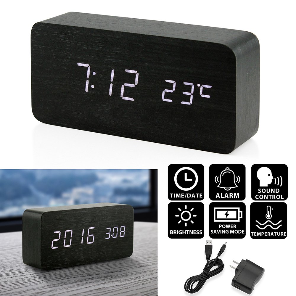 Oct17 LED Wooden Desk Clock Alarm Snooze Voice Control Timer
