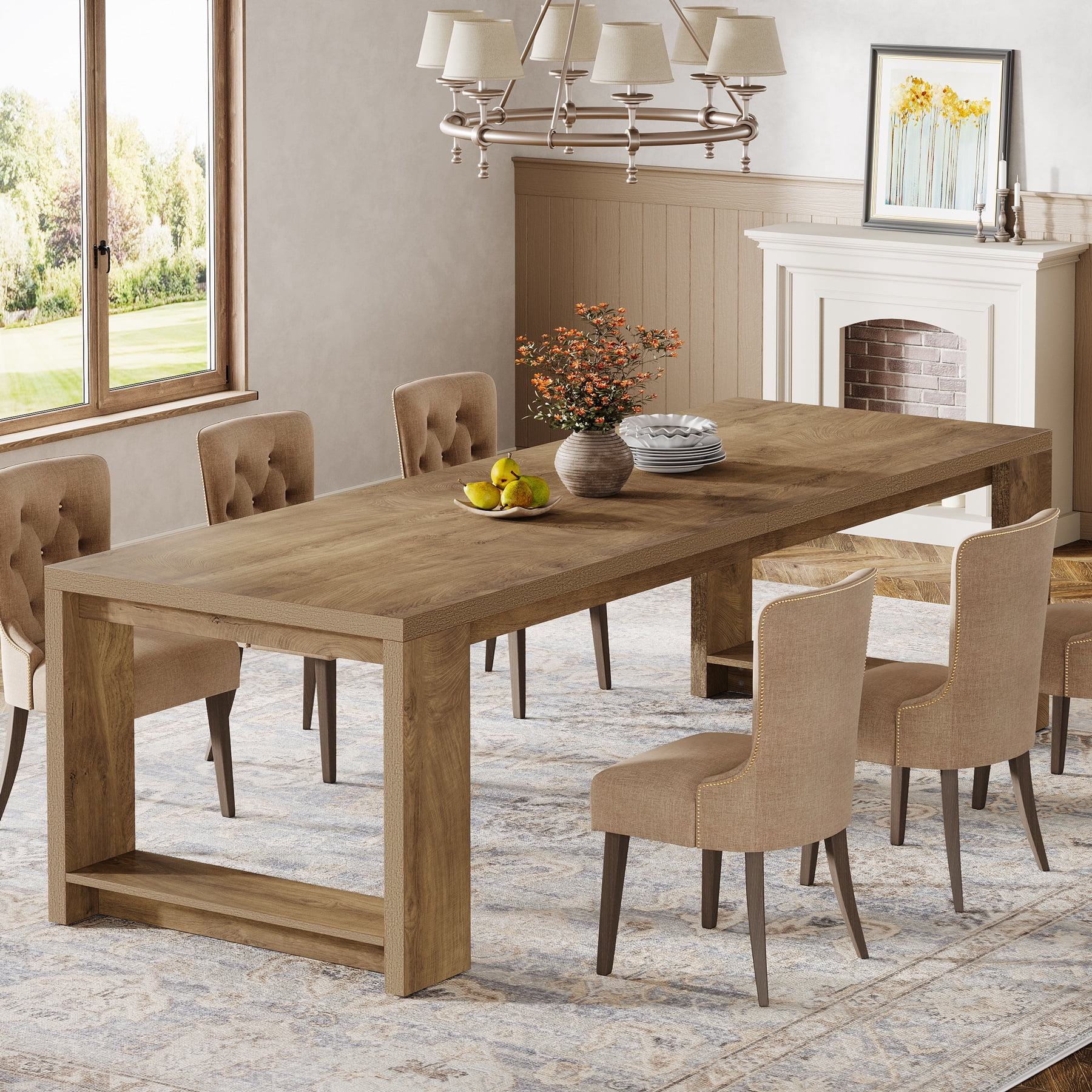 Tribesigns 86.61-inch Dining Table for 6-8, Farmhouse Narrow Kitchen Table with Wood Pedestal Base, Light Brown