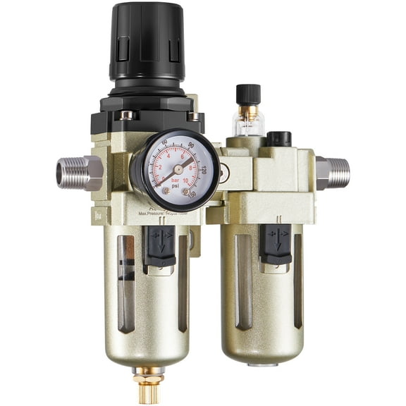 VEVOR Air Compressor Filter Regulator Lubricator (FRL), 3/8" NPT Air Compressor Water Separator, Semi-Auto Drain Air-Drying System with 5μm Brass Filter Element, 145PSI Max Working Pressure,Poly Bowl