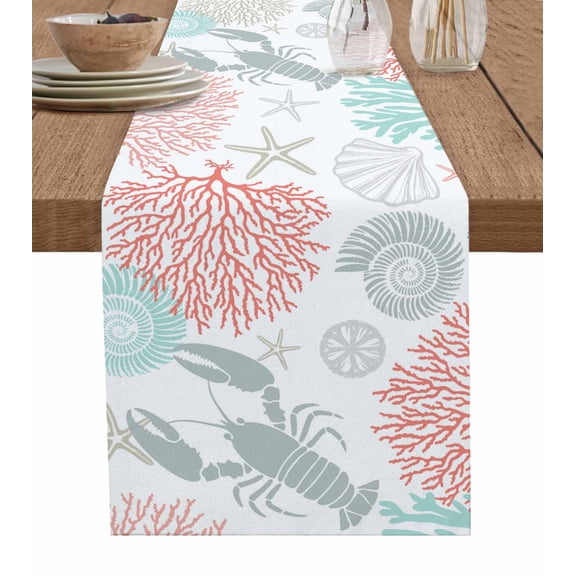 ERUNPONLY Teal Red Coastal Table Runner - 72 Inch Long Summer Lobster Coral Nautical Cotton and Linen Blended Dress Scarves Farmhouse Table Runner for Kitchen Dining, Coffee Table, 14" x 72"