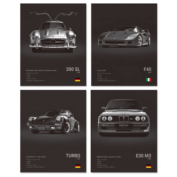 Vintage Supercar Classic Sports Car Posters 8x10 Inch Unframed, Racing Poster Decor, Wall Art Prints, Set of 4, Boys Room Garage Guys Dorm Room