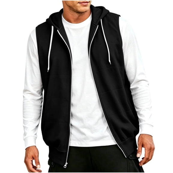 Fnooota Mens Lightweight Vests, Casual Sleeveless Zip up Drawstring Fall Hoodies with Pockets Black Size S-3XL