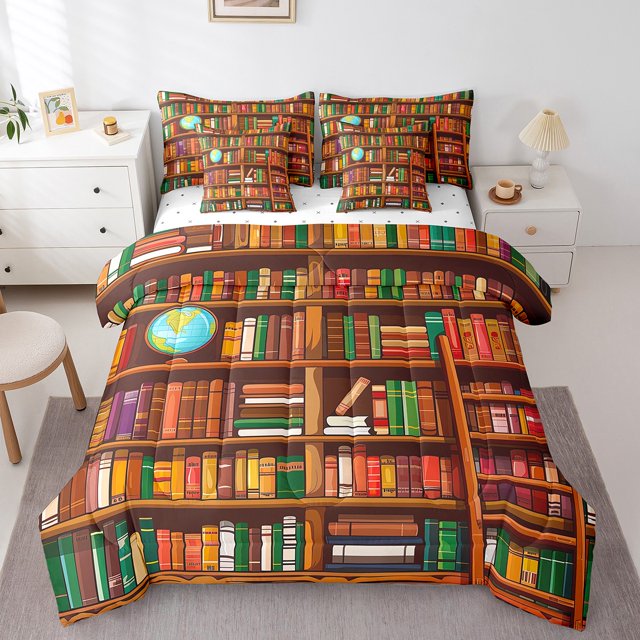 YST Ensemble de Literie 7 Pcs avec Bibliothèque de Dessins Animés, Ensemble de Lit Rétro pour Enfants Garçons Filles, Ensemble de Literie de Lecture de Livres de Bibliothèque, Ensemble de Draps de Collection Éducative pour Chambre