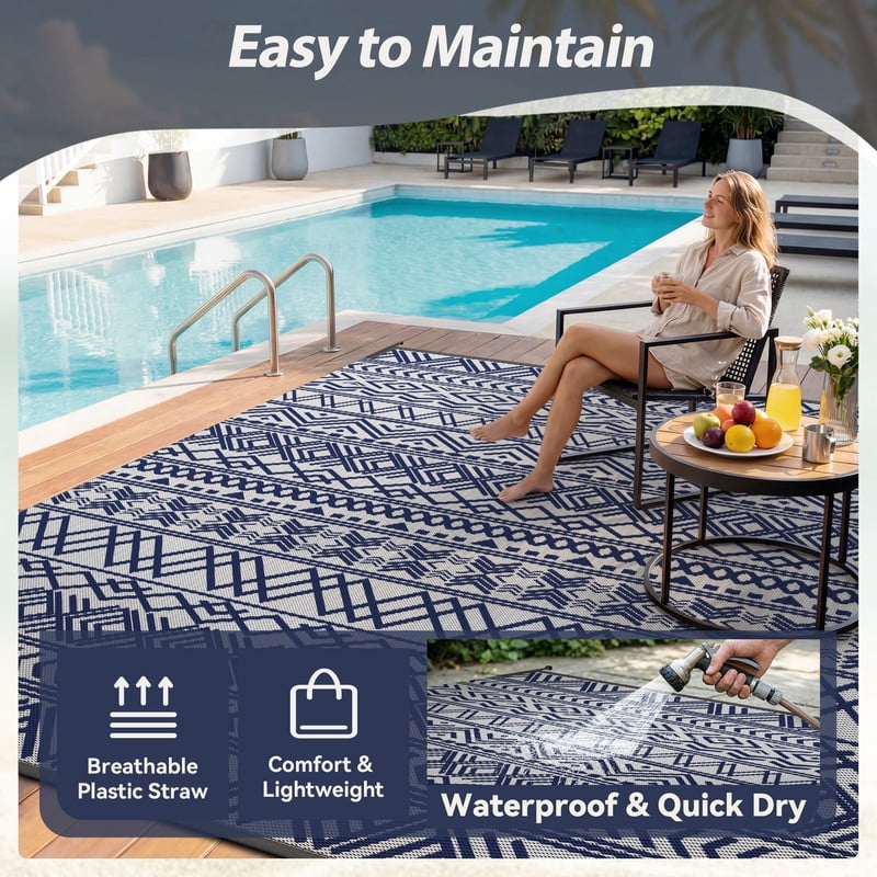 SIXHOME Outdoor Rug 9'x12' Waterproof Reversible Patio Rug Boho Geometric Indoor Outdoor Rugs Lightweight Plastic Straw Ourdoor Carpet for RV Camping Deck Balcony Modern Porch Decor Blue and Gray