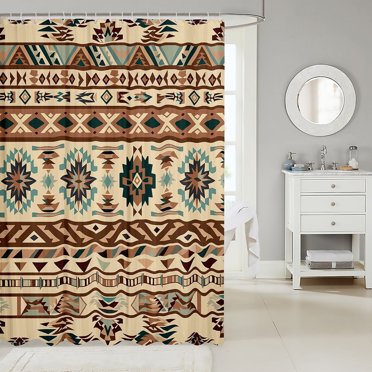Western Fabric&nbsp;Shower&nbsp;Curtain Southwestern Geometric Aztec Bath&nbsp;Curtain 72"Wx78"L,Geometry Triangle Bathroom&nbsp;Shower&nbsp;Curtain Vintage Exotic Stripes Western Bathroom Decor Sets