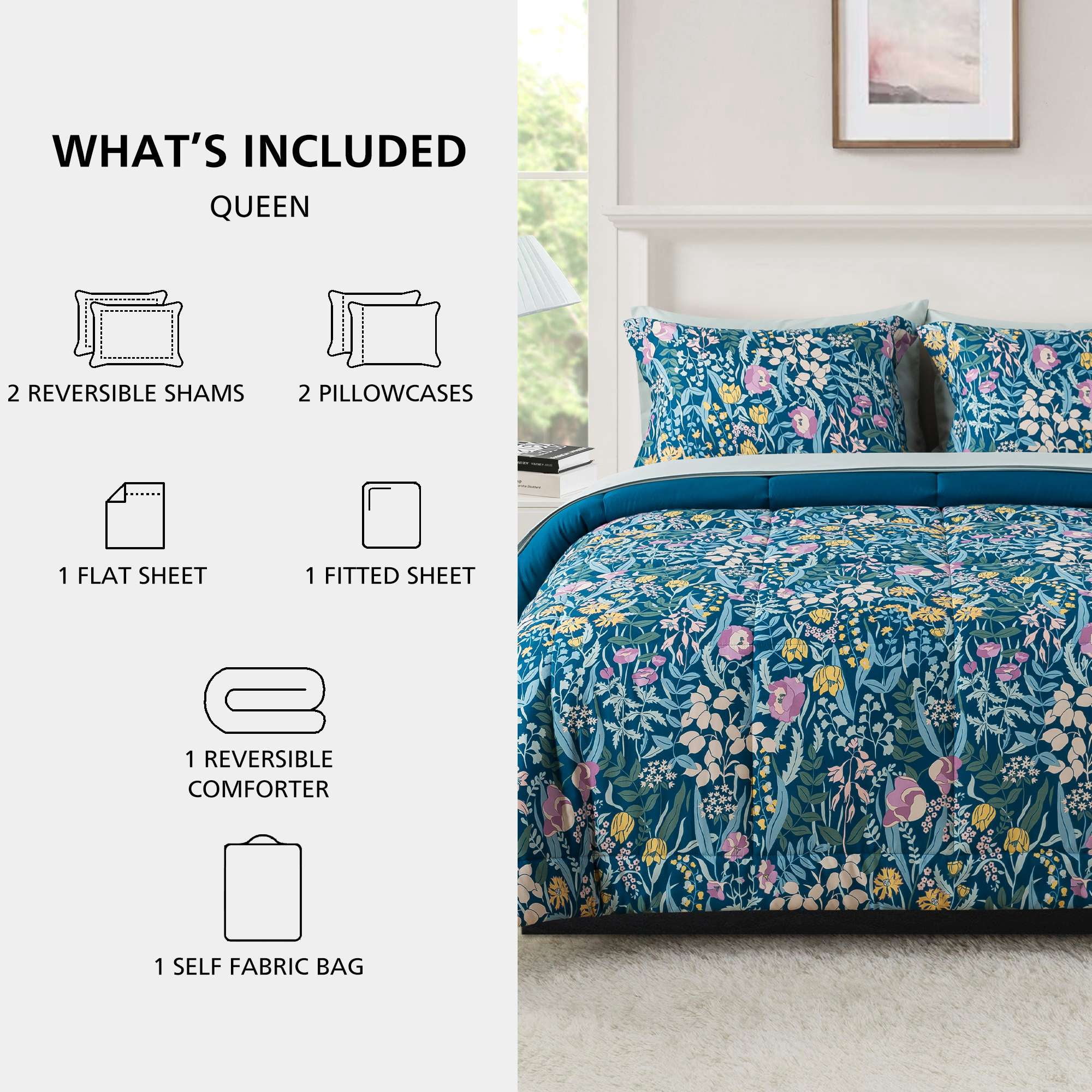 Mainstays All in One Reversible Comforter and Sheet Set, 7-Piece, Queen, Blue Floral
