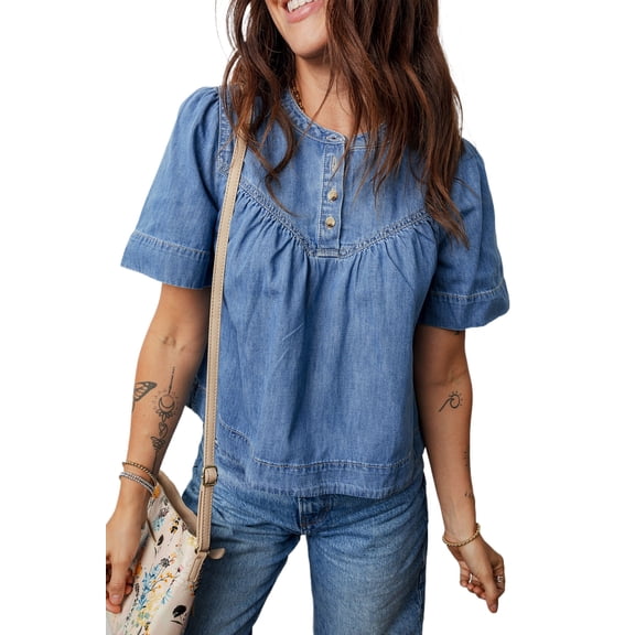 Women's Beau Blue Denim Top – Short Sleeve Half Button Casual Shirt for Everyday Style, XL