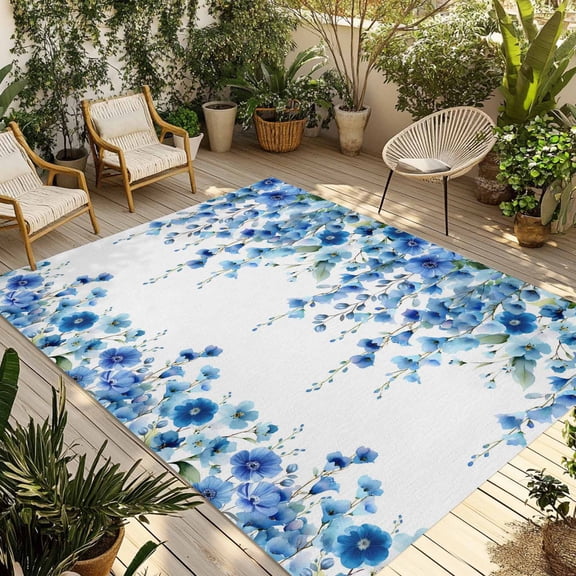 Spring Blue Floral Outdoor Rug for Patio/Deck/Porch, Non-Slip Large Area Rug 6 x 9 Ft, Farmhouse Weeping Floral Leaves Indoor Outdoor Rugs Washable Area Rugs, Reversible Camping Rug Carpet Runner