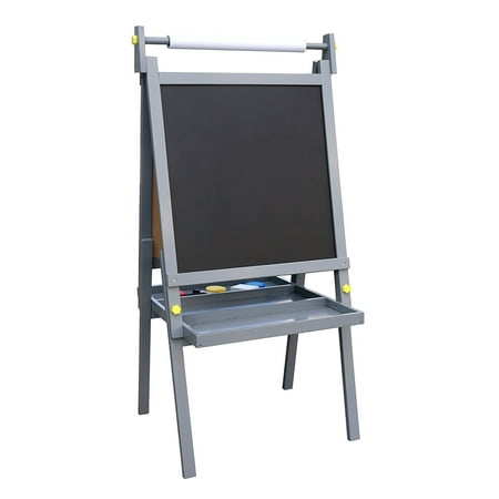 Pidoko Kids Standing Art Wooden Easel, Grey - Magnetic Dry Erase Board, Chalk Board and Paper Roller - 2 Sided A-Frame with storage compartment and paint cups - Art Station for Boys & Girls