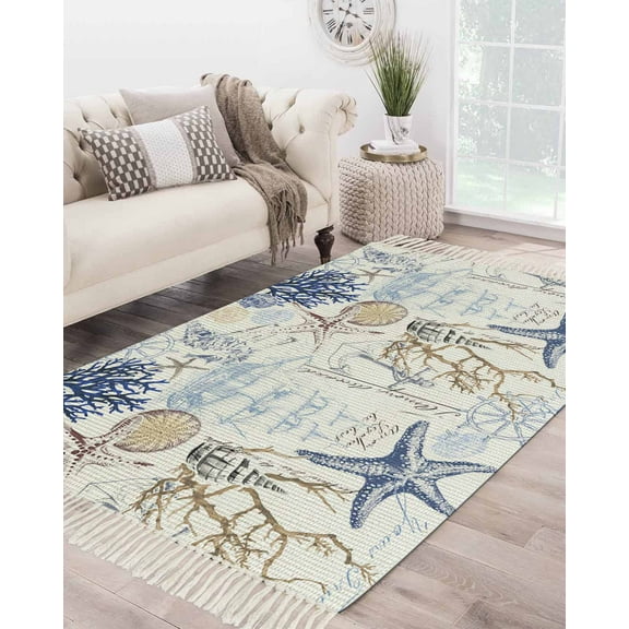 Blue Brown Coastal Large Area Rug 4x6ft Woven Runner Rug,Summer Beach Nautical Coral Starfish Washable Living Room Bedroom Kitchen Bathroom Classroom Carpet with Tassels,Indoor Outdoor Throw Door Mat
