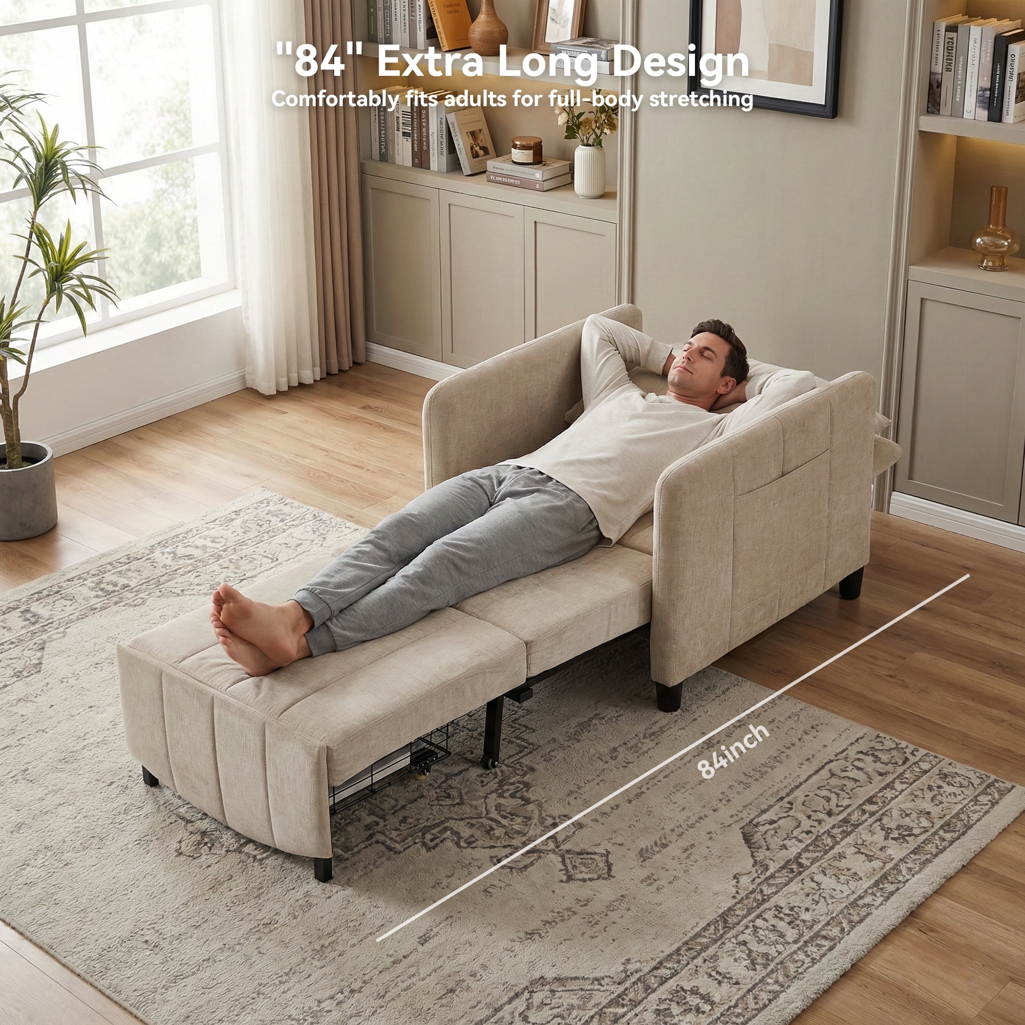YIKEMA 4-in-1 Convertible Sleeper Chair Bed, 84 Inch Extra Long Pull Out Sofa for Tall Guests, Adjustable Backrest Lounge with Side Storage & Metal Frame, 500 lbs Capacity, Light Brown