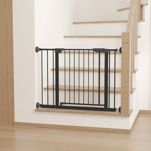 29.5-45.3in Pet Gate, No Drill Walk Through Dog Gate with Wall Protector, Pressure Mounted Steel Barrier for Stairs and Doorways, Black