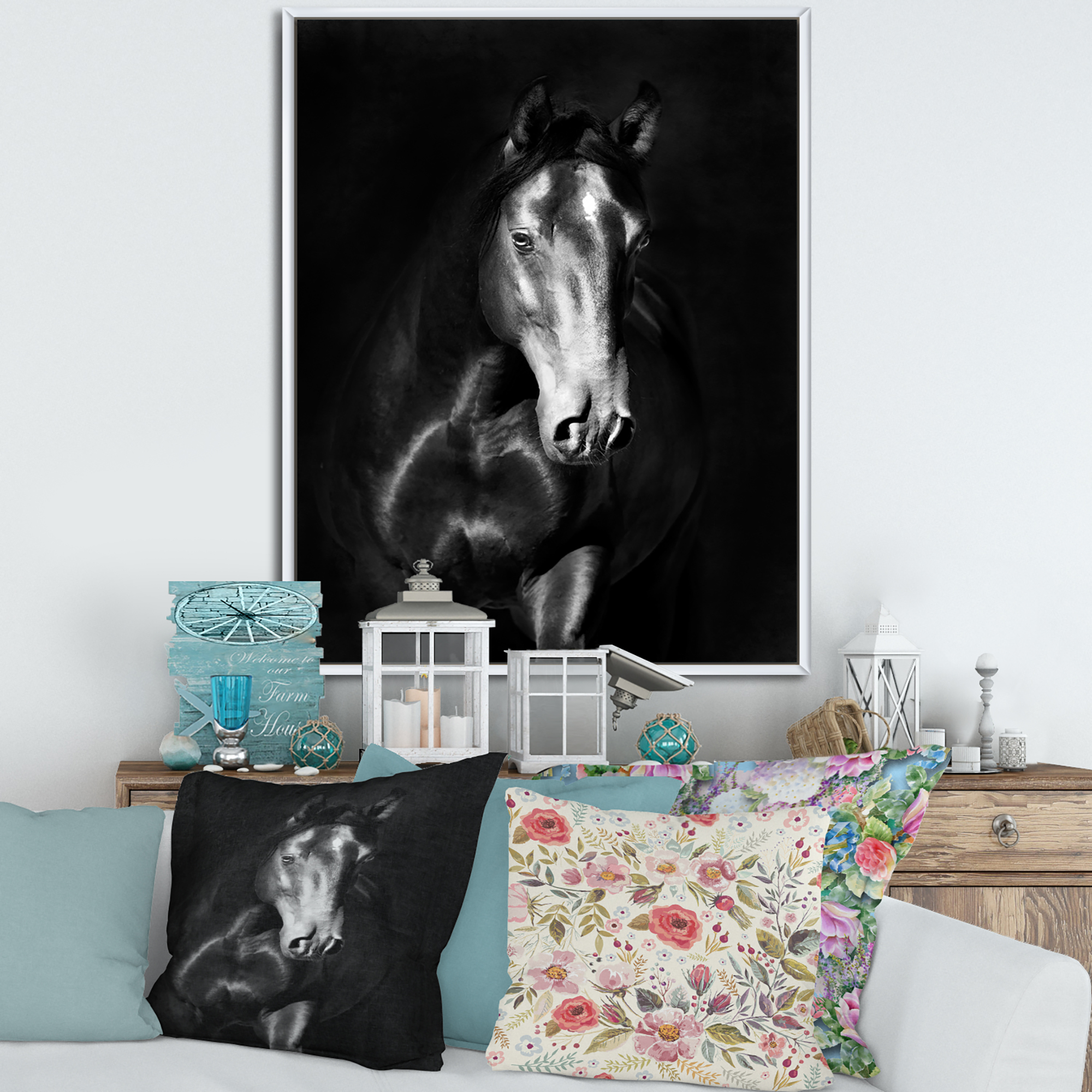 Designart 'Close Up Portrait Of Black Kladruby Horse' Farmhouse Framed Canvas Wall Art Print