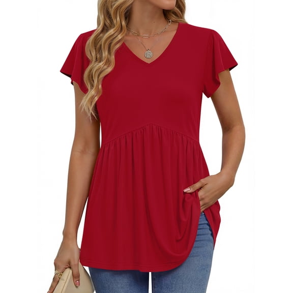Fantaslook Womens Tops V Neck Short Sleeve Summer Shirts Babydoll Peplum Tops Tunic Dressy Casual Blouses