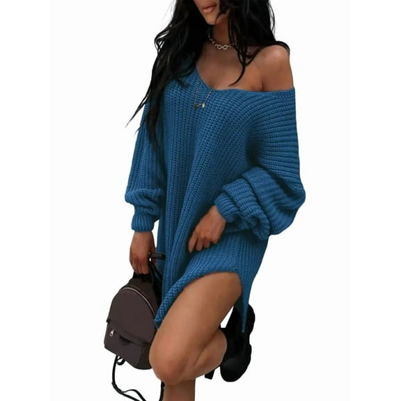 Sweaters for Women Cable Knit V Neck Solid Color Long Sleeve Casual Loose Fit Soft Pullover Tops Blue XXXL