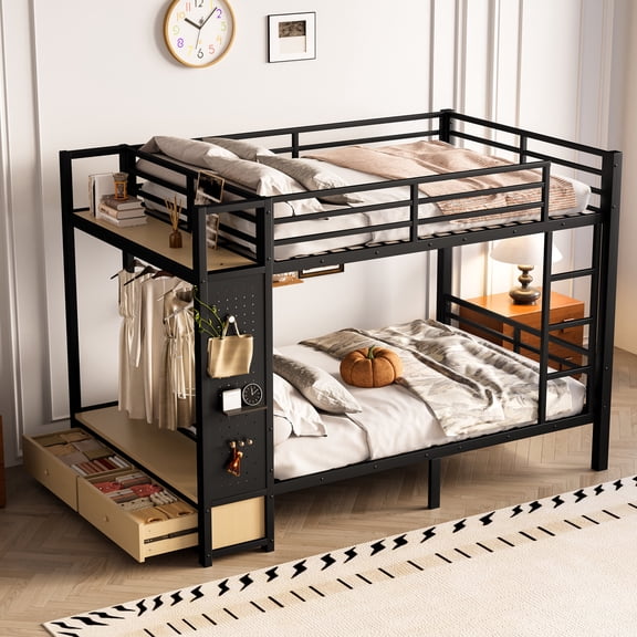 Full Over Full Metal Bunk Bed, Heavy Duty Bunk Beds with Pegboard, Clothes Rack and 2 Pull-out Drawers, No Box Spring Needed, Black