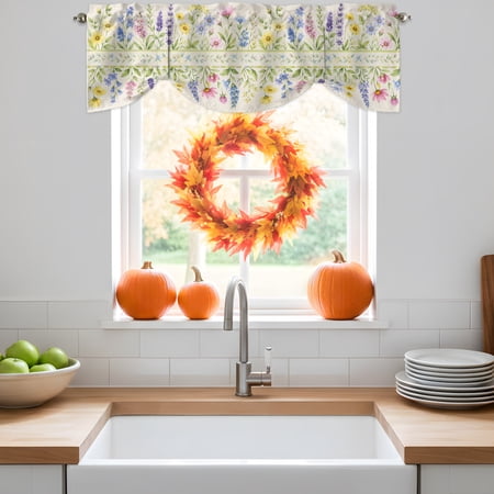 Tie Up Valance Curtain for Kitchen Colorful Flower Leaf Country Rod Pocket Short Curtains Adjustable Shade Valances Retro Linen Window Treatment for Bathroom Living Room 42x12in